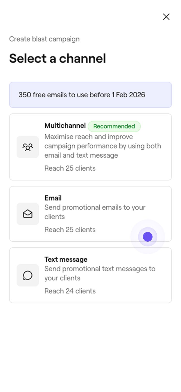 Select Email for blast campaigns on your Fresha for Business app.