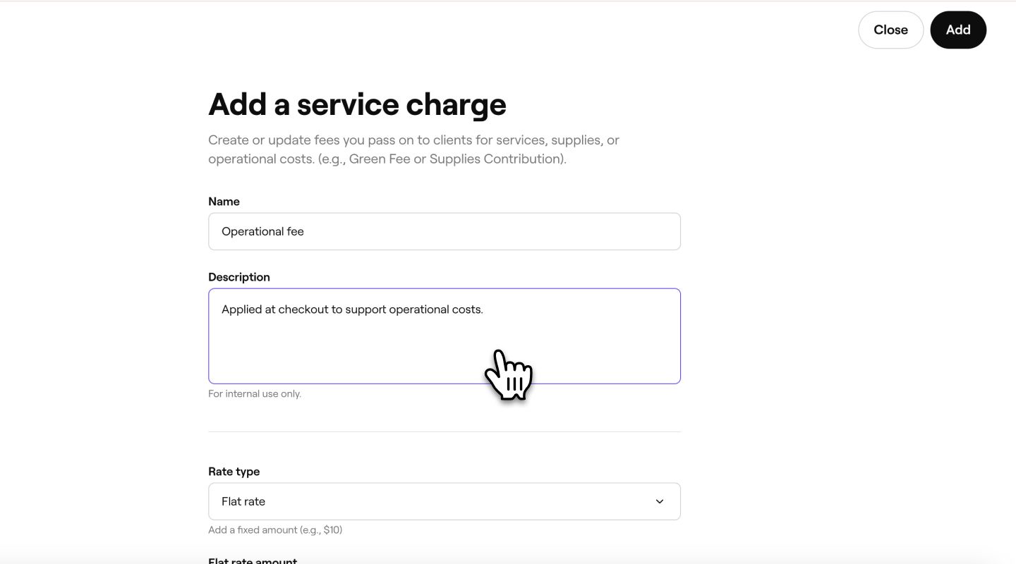 In the Add a service charge view, add the service charge name and a description under Basic info..jpg